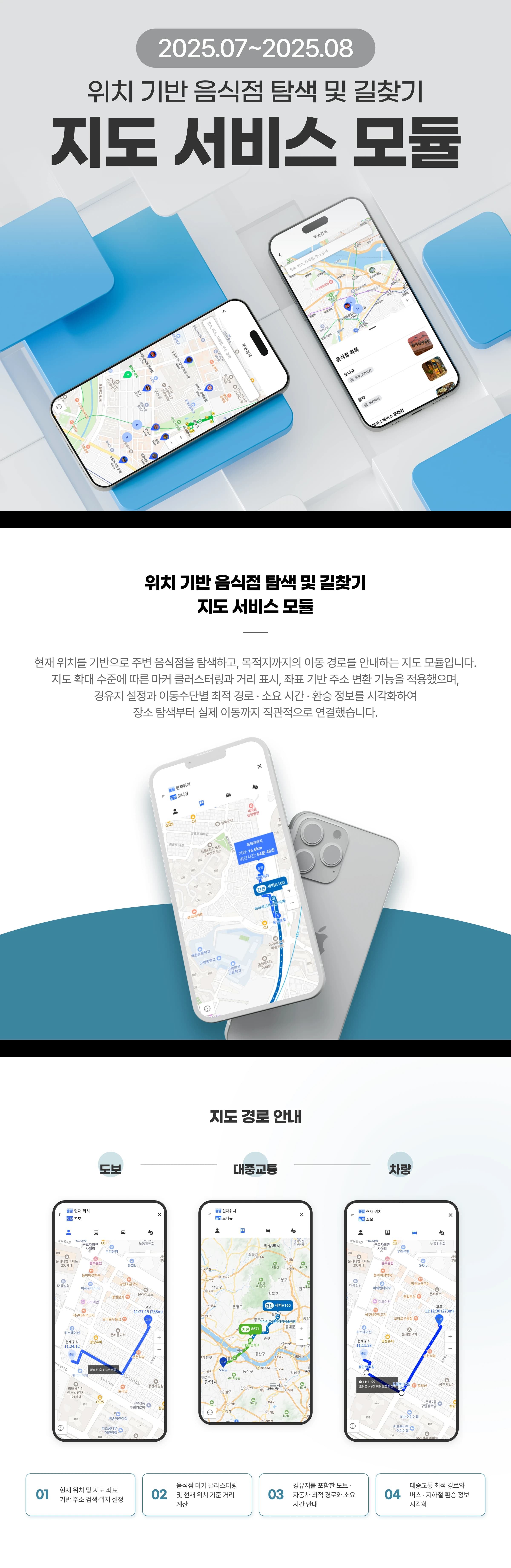 위치 기반 맛집 탐색 앱 — 네이버 지도·경로 조회·다중 사진편집 모듈 상세 이미지