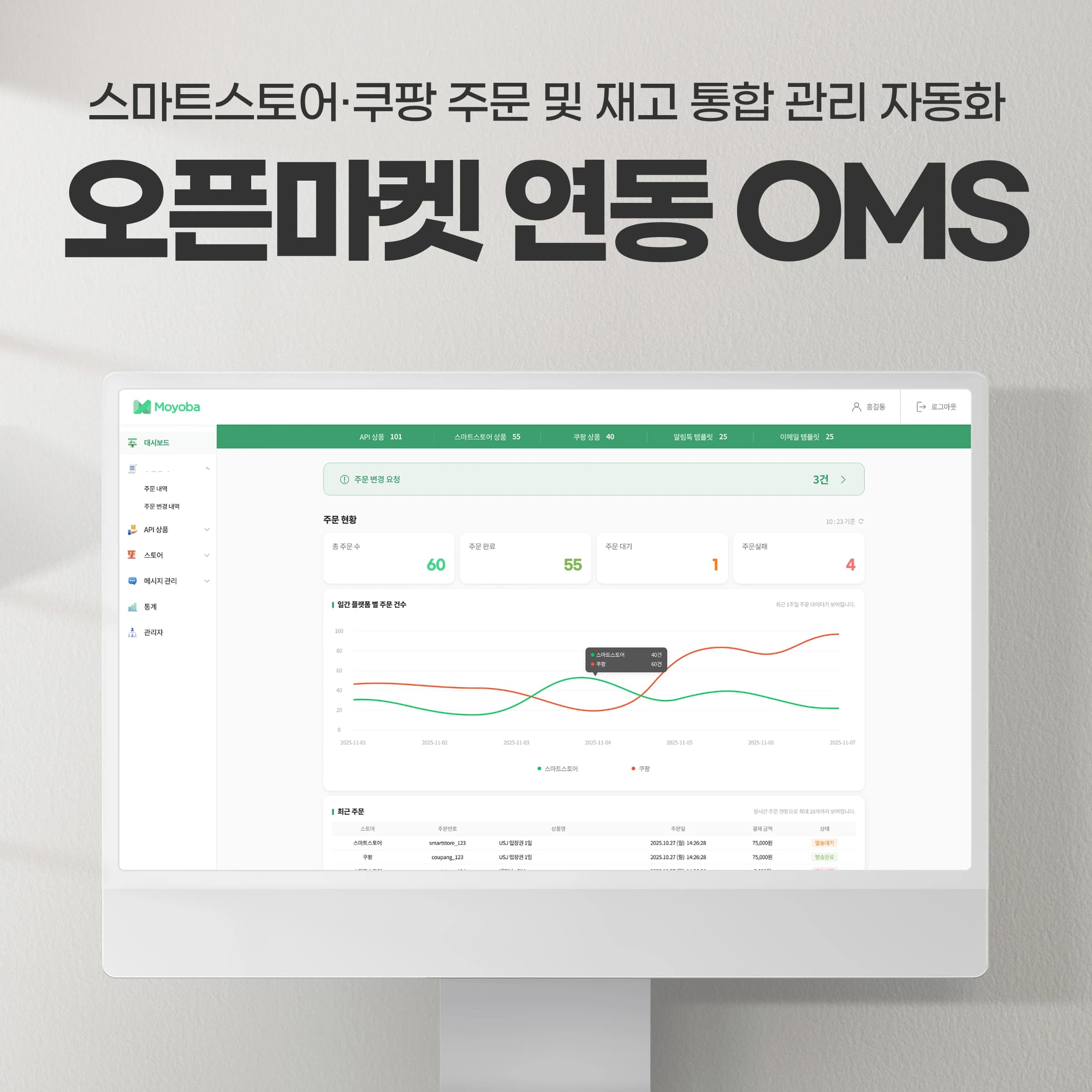 오픈마켓 주문·재고 통합 운영 시스템 — 스마트스토어·쿠팡 API·알림 자동화 | 모여바 프로젝트 썸네일
